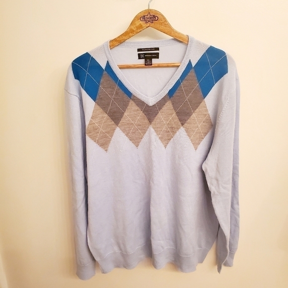 INC International Concepts  Blend V Neck Argyle Diamond Light Blue Sweater XXL - Picture 2 of 6